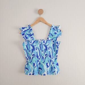 Hill House Home Paz Crop Top Ocean Kaleidoscope Blue Linen Smocked Peplum NWT L